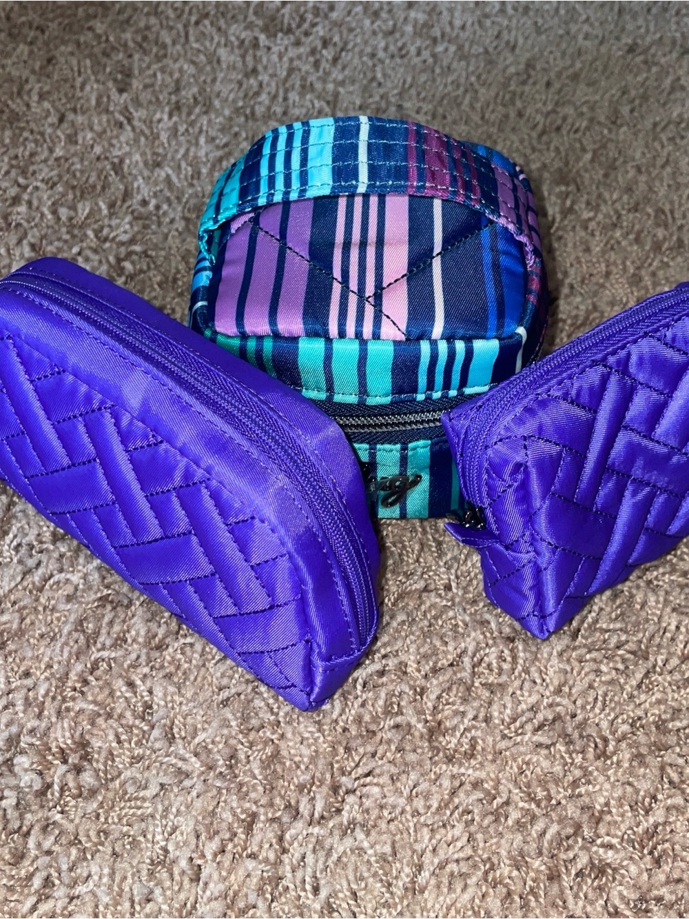 lug Purple Quilted Cosmetic Pouches with Teal & Pink Striped Coin Case